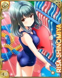 Rule 34 | 1girl, :o, ass, brown eyes, card (medium), character name, collarbone, competition swimsuit, day, female focus, from behind, girlfriend (kari), green hair, official art, one-piece swimsuit, open mouth, outdoors, pool, poolside, qp:flapper, shinomiya risa, standing, swimsuit, tagme, thighs