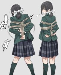 Rule 34 | 1girl, anger vein, back, black hair, black thighhighs, bound, cleave gag, cloth gag, cowboy shot, formal, gag, gagged, green suit, grey background, highres, improvised gag, inside fuwa, long sleeves, looking at viewer, looking back, low ponytail, original, plaid, plaid skirt, pleated skirt, puffy long sleeves, puffy sleeves, rope, school uniform, skirt, solo, suit, thighhighs
