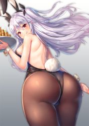 Rule 34 | 1girl, alternate costume, animal ears, arm at side, ass, azur lane, back, bare arms, bare back, bare shoulders, black hairband, black leotard, black ribbon, blush, breasts, brown pantyhose, closed mouth, coin, cowboy shot, cup, drinking glass, fake animal ears, from behind, from below, gradient background, grey background, hair between eyes, hair ribbon, hairband, highleg, highleg leotard, holding, holding tray, leotard, long hair, looking at viewer, looking back, looking down, medium breasts, pantyhose, pensuke, playboy bunny, prinz eugen (azur lane), rabbit ears, rabbit tail, red eyes, ribbon, sideboob, silver hair, smile, solo, standing, tail, tray, two side up, very long hair, wrist cuffs