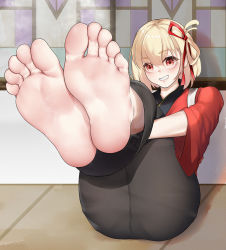 Rule 34 | 1girl, bare legs, barefoot, blonde hair, feet, feet up, foot focus, grin, hair ribbon, hands under legs, japanese clothes, kimono, knees up, lycoris recoil, nishikigi chisato, on floor, one side up, red eyes, red kimono, red ribbon, ribbon, short hair, sitting, smile, soles, solo, steam, toes, wd (1106592840)