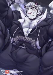 Rule 34 | 1boy, absurdres, animal ears, arknights, bara, blue eyes, bulge, crotch, estper, facial hair, feet out of frame, furry, furry male, goatee, hands up, highres, large hands, large pectorals, looking at viewer, male focus, mature male, mountain (arknights), mountain (dark cloud) (arknights), muscular, muscular male, official alternate costume, paid reward available, pectoral cleavage, pectorals, scar, scar across eye, short hair, solo, spread legs, tail, thick eyebrows, tiger boy, tiger ears, tiger tail, white hair