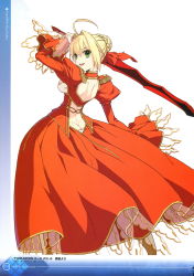 Rule 34 | 10s, 1girl, absurdres, aestus estus, ahoge, arm up, ass, back cutout, blonde hair, braid, breasts, butt crack, clothing cutout, detached sleeves, dress, epaulettes, fate/extra, fate (series), from behind, green eyes, hair intakes, hair ribbon, highres, holding, holding sword, holding weapon, long sleeves, looking at viewer, looking back, medium breasts, nero claudius (fate), nero claudius (fate) (all), nero claudius (fate/extra), open mouth, page number, puffy sleeves, red dress, ribbon, scan, simple background, smile, solo, sword, wada arco, weapon, white background