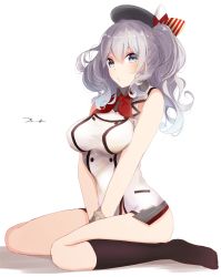 Rule 34 | 10s, 1girl, adapted costume, bare shoulders, between legs, black socks, blue eyes, bottomless, bow, bowtie, breasts, buttons, female focus, frills, full body, hand between legs, hat, hat bow, highres, kantai collection, kashima (kancolle), kneehighs, large breasts, looking at viewer, red bow, red bowtie, short hair, signature, silver hair, simple background, sitting, socks, solo, tebi (tbd11), two side up, wariza, white background, wrist cuffs