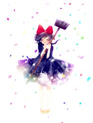 Rule 34 | 1980s (style), 1girl, animal, animal on shoulder, bad id, bad pixiv id, black cat, black dress, bow, broom, brown hair, cat, confetti, dress, closed eyes, female focus, full body, hair bow, happy, jiji (majo no takkyuubin), kiki (majo no takkyuubin), majo no takkyuubin, mamaloni, oldschool, open mouth, retro artstyle, smile, solo, studio ghibli, white background