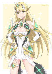 Rule 34 | 1girl, absurdres, bare legs, bare shoulders, blonde hair, breasts, chest jewel, cleavage, cleavage cutout, clothing cutout, dress, earrings, elbow gloves, gloves, headpiece, highres, jewelry, large breasts, long hair, mythra (xenoblade), ryochan96154, short dress, swept bangs, thigh strap, tiara, very long hair, white dress, white gloves, xenoblade chronicles (series), xenoblade chronicles 2, yellow eyes