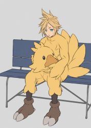 Rule 34 | 1boy, alternate costume, animal costume, bench, bird costume, blonde hair, blue bench, blue eyes, chocobo, cloud strife, final fantasy, final fantasy vii, final fantasy vii remake, full body, gloves, grey background, holding headpiece, kiki lala, long sleeves, male focus, parted lips, short hair, sitting, solo, spiked hair, square enix, sweat, turtleneck, yellow gloves