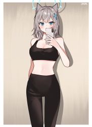 Rule 34 | 1girl, alternate costume, black bra, black pants, blue archive, blush, bra, breasts, cleavage, covered mouth, danbal, extra ears, feet out of frame, grey hair, halo, highres, holding, holding phone, leggings, looking at viewer, medium breasts, medium hair, pants, phone, shiroko (blue archive), solo, sports bra, underwear
