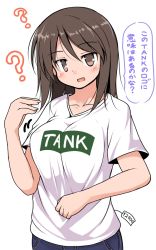 Rule 34 | 10s, 1girl, ?, bad id, bad pixiv id, breasts, brown eyes, brown hair, denim, girls und panzer, jeans, long hair, matching hair/eyes, mika (girls und panzer), open mouth, pants, shirt, smile, solo, t-shirt, text focus, translated, tsuzuri (tuzuri), v-neck, yen sign