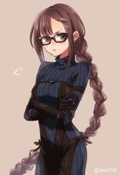 Rule 34 | 1girl, arm strap, black dress, black gloves, blue dress, blush, braid, braided ponytail, breasts, brown eyes, brown hair, center opening, crossed arms, dress, earrings, elbow gloves, fate/grand order, fate (series), glasses, gloves, jewelry, layered dress, long hair, long sleeves, looking at viewer, medium breasts, multiple earrings, ribbed dress, ribbon-trimmed dress, seeds328, single braid, solo, very long hair, yu mei-ren (fate), yu mei-ren (first ascension) (fate)