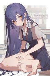 Rule 34 | 1girl, bare legs, barefoot, blue dress, blue hair, blush, book, breasts, buttons, cleavage, collarbone, collared shirt, commentary, commission, double-breasted, dress, english commentary, english text, feet, full body, hair between eyes, hakasesuitchi, hand on own leg, kohinata kuon, legs, long hair, looking at viewer, neck ribbon, on ground, orange eyes, original, red ribbon, ribbon, school uniform, shirt, short sleeves, sidelocks, sitting, skeb commission, small breasts, soles, solo, sweatdrop, toenails, toes, undone neck ribbon, very long hair, white shirt