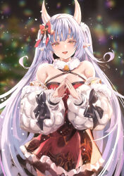 Rule 34 | 1girl, absurdres, animal ears, bag, bare shoulders, bell, blue hair, blush, bow, box, breasts, brown eyes, catura (granblue fantasy), catura (holiday) (granblue fantasy), cleavage, cow, cow ears, cow girl, cow horns, draph, dress, full body, fur collar, gift, gift box, granblue fantasy, hair ornament, hairband, handbag, heart, heart hair ornament, highres, horns, large breasts, long hair, looking at viewer, neck bell, pointy ears, red dress, shimofuri, smile