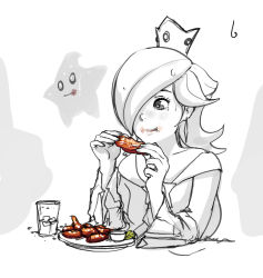 Rule 34 | 1girl, artist request, chicken (food), chicken wing, crown, cup, drinking glass, eating, female focus, food, food on face, glass, hair over one eye, highres, long hair, luma (mario), mario (series), nintendo, partially colored, plate, rosalina, simple background, sketch, solo, spicy, star-shaped pupils, star (symbol), super mario galaxy, sweat, symbol-shaped pupils, tears, water, white background