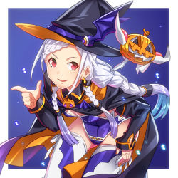 Rule 34 | 1girl, :d, black cape, black hat, blue background, braid, braided bangs, braided ponytail, breasts, cape, cleavage, floating hair, halloween, halloween costume, hat, highres, index finger raised, is ii, jack-o&#039;-lantern, leaning forward, leotard, long hair, looking at viewer, nail polish, open mouth, orange nails, parted bangs, ponytail, pumpkin, purple leotard, red eyes, silver hair, small breasts, smile, solo, standing, strapless, strapless leotard, sword art online, sword art online the movie: ordinal scale, thighhighs, twin braids, two-tone background, very long hair, white background, white thighhighs, witch, witch hat, yuna (sao)