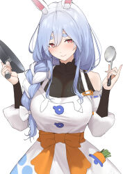 Rule 34 | 1girl, animal ear fluff, animal ears, bare shoulders, black bodysuit, blue hair, blush, bodysuit, bow, braid, breasts, cleavage, closed mouth, commentary, dress, frying pan, hair between eyes, hair bow, highres, holding, holding frying pan, holding ladle, hololive, ladle, large breasts, light blue hair, long hair, long sleeves, looking at viewer, mature female, mitsuru (pixiv 34028718), mixed-language commentary, multicolored hair, off-shoulder dress, off shoulder, pekomama, puffy long sleeves, puffy sleeves, rabbit ears, red eyes, see-through, see-through cleavage, simple background, single braid, smile, solo, streaked hair, thick eyebrows, upper body, virtual youtuber, white background, white bow, white dress, white hair