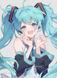 Rule 34 | 1girl, absurdres, ahoge, aqua eyes, aqua hair, aqua nails, aqua necktie, bare shoulders, cloudyman, commentary, detached sleeves, english commentary, grey background, grey shirt, hands up, hatsune miku, highres, long hair, looking at viewer, necktie, open mouth, shirt, simple background, sleeveless, sleeveless shirt, smile, solo, twintails, upper body, vocaloid