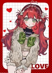 Rule 34 | 1girl, ahoge, blush, border, bow, bowtie, braid, cardigan, commentary, cowboy shot, cropped cardigan, dot nose, green bow, green bowtie, green eyes, grid background, hair bow, hair ornament, heart, heart ahoge, heart in eye, inu totemo, leaning to the side, long hair, long sleeves, looking at viewer, navel, original, outside border, parted lips, puffy long sleeves, puffy sleeves, rabbit hair ornament, red border, red hair, shorts, single braid, solo, symbol-only commentary, symbol in eye, white bow, white cardigan, white shorts, x x