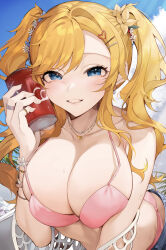 Rule 34 | 1girl, absurdres, bikini, bikini under clothes, blush, breasts, can, cleavage, collarbone, denim, flower, grin, hair flower, hair ornament, halterneck, highres, holding, holding can, idolmaster, idolmaster cinderella girls, jeans, jewelry, koyo akio, large breasts, leaning forward, looking at viewer, ohtsuki yui, outdoors, pants, pink bikini, ring, sidelocks, smile, soda bottle, solo, swimsuit, twintails, upper body