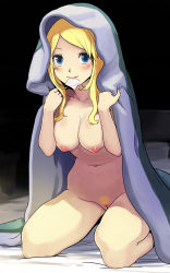 Rule 34 | 1girl, absurdres, bad id, bad pixiv id, blanket, blonde hair, blue eyes, blush, breasts, condom, condom in mouth, female pubic hair, highres, kneeling, large breasts, long hair, looking at viewer, mouth hold, navel, nipples, original, pubic hair, pussy, solo, turiganesou800, uncensored