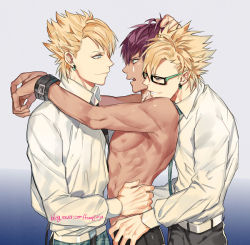Rule 34 | 10s, 3boys, arms around neck, blonde hair, boy sandwich, dramatical murder, earrings, funpjinju, glasses, hands on another&#039;s hips, jewelry, male focus, mizuki (dramatical murder), multiple boys, red hair, sandwiched, topless male, smile, spiked hair, tattoo, trip (dramatical murder), virus (dramatical murder), yaoi