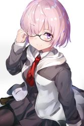 Rule 34 | 1girl, absurdres, black-framed eyewear, blush, closed mouth, commentary request, fate/grand order, fate (series), glasses, gradient background, grey background, hair over one eye, highres, jacket, long sleeves, looking at viewer, mash kyrielight, necktie, open clothes, open jacket, pantyhose, pink hair, purple eyes, red necktie, same (sendai623), short hair, sitting, smile, solo