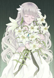 Rule 34 | 1girl, black ribbon, closed eyes, commentary request, dress, ender lilies quietus of the knights, enodin, flower, grey hair, hair ornament, highres, holding, holding flower, jewelry, lily (ender lilies), lily (flower), long hair, necklace, pendant, rain, ribbon, solo, wavy hair, white dress, white flower