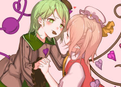 Rule 34 | 2girls, bad id, bad pixiv id, black headwear, blonde hair, blush, braid, candy, chocolate, chocolate heart, closed eyes, commentary request, crystal, eyeball, flandre scarlet, food, green eyes, green hair, hat, heart, heart-shaped pupils, holding hands, interlocked fingers, komeiji koishi, long sleeves, looking at another, mob cap, mouth hold, multiple girls, pink background, pointy ears, side ponytail, simple background, soku (bluerule-graypray), symbol-shaped pupils, third eye, touhou, valentine, white headwear, wings, yuri