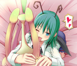 Rule 34 | 1girl, all fours, antennae, aqua eyes, bloodhound, camellia, cape, commentary request, flower, green hair, heart, highres, licking, long sleeves, one eye closed, phallic symbol, saliva, saliva trail, sexual dimorphism, sexually suggestive, shirt, shorts, spoken heart, tongue, tongue out, touhou, veins, wink, wriggle nightbug