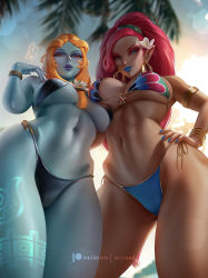 Rule 34 | 2girls, armband, artist name, asymmetrical docking, big hair, bikini, black bikini, blue bikini, blue eyes, blue lips, blue nails, blue sky, body markings, breast press, breast rest, breasts, closed mouth, colored sclera, colored skin, commentary, dark-skinned female, dark skin, day, earrings, english commentary, eyelashes, eyeshadow, flower, from below, gerudo, green eyes, grey skin, hair flower, hair ornament, hand on own hip, hand up, hoop earrings, jewelry, large breasts, leg tattoo, lipstick, long hair, looking at viewer, looking down, makeup, midna, midna (true), multiple girls, nail polish, navel, nintendo, olchas, orange hair, outdoors, parted lips, patreon logo, pointy ears, ponytail, red eyes, red hair, side-tie bikini bottom, sky, standing, stomach, swimsuit, tattoo, the legend of zelda, the legend of zelda: breath of the wild, the legend of zelda: twilight princess, toned, toned female, toned stomach, urbosa, white flower, yellow sclera