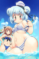 Rule 34 | 2girls, :o, bikini, black choker, black ribbon, blue bikini, blue hair, blue sky, blush stickers, breasts, brown hair, choker, closed mouth, cloud, collarbone, commentary request, cowboy shot, day, dixie cup hat, double bun, from below, front-tie bikini top, front-tie top, hair bun, hair ornament, hand up, hands on own hips, hat, hat ribbon, highres, inflatable armbands, johnston (kancolle), kantai collection, long hair, looking at viewer, military hat, multiple girls, navel, outdoors, parted lips, ribbon, samuel b. roberts (kancolle), shiny skin, short hair, sidelocks, sky, small breasts, standing, star (symbol), star choker, stomach, striped bikini, striped clothes, swimsuit, two side up, wading, water, white headwear, yellow eyes, yu 3