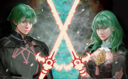 Rule 34 | 1boy, 1girl, armor, black cape, byleth (female) (fire emblem), byleth (fire emblem), byleth (male) (fire emblem), cape, closed mouth, detached collar, fire emblem, fire emblem: three houses, green eyes, green hair, highres, holding, holding sword, holding weapon, looking at viewer, nintendo, pauldrons, shoulder armor, simple background, sword, sword of the creator, vijoux, weapon