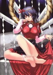 Rule 34 | 1girl, absurdres, barefoot, clothes lift, come hither, feet, female focus, hair ornament, head tilt, highres, leaf hair ornament, non-web source, purple hair, red eyes, scan, scan artifacts, sitting, skirt, skirt lift, smile, solo, touhou, yasaka kanako