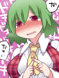 Rule 34 | 1girl, ascot, blush, breasts, commentary request, dress shirt, fidgeting, green hair, hammer (sunset beach), index fingers together, kazami yuuka, large breasts, open mouth, plaid, plaid vest, red eyes, shirt, short hair, solo, touhou, translation request, upper body, vest