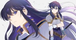 Rule 34 | 2girls, armor, ayra (fire emblem), belt, black hair, breastplate, closed mouth, earrings, fire emblem, fire emblem: genealogy of the holy war, gloves, jewelry, kyufe, larcei (fire emblem), long hair, mother and daughter, multiple girls, nintendo, parted lips, purple eyes, scabbard, sheath, sheathed, simple background, sword, weapon, white gloves