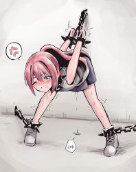 Rule 34 | 1girl, anger vein, angry, aqua eyes, arms behind back, bare shoulders, bdsm, bent over, blue skirt, blush, bondage, bound, bound wrists, bracelet, chain, clenched hands, clenched teeth, collar, cross-laced footwear, cuffs, ear blush, embarrassed, english text, female focus, full body, grey background, grey footwear, grey vest, have to pee, highres, indoors, jewelry, legs apart, long hair, looking at viewer, miniskirt, nose blush, one eye closed, original, outstretched arms, pee, peeing, peeing self, ponytail, raika (rune (dualhart)), red hair, rune (dualhart), shackles, shoes, sidelocks, skirt, solo, speech bubble, spiked bracelet, spiked collar, spikes, spoken anger vein, standing, sweat, tears, teeth, trembling, v-shaped eyebrows, vest, wince