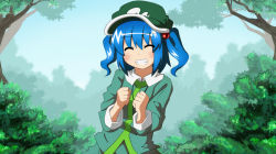 Rule 34 | 1girl, anime coloring, blue hair, clenched hands, closed eyes, grin, hair bobbles, hair ornament, hat, kawashiro nitori, ryuu (multitask), short hair, smile, solo, touhou, twintails, two side up