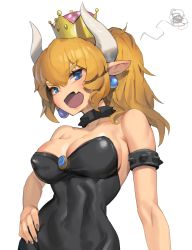 Rule 34 | 1girl, absurdres, bare shoulders, blonde hair, blue eyes, blush, bowsette, bracelet, breasts, collar, crown, dress, highres, horns, jewelry, large breasts, mario (series), nail polish, new super mario bros. u deluxe, nintendo, ponytail, romana, spiked bracelet, spiked collar, spikes, super crown