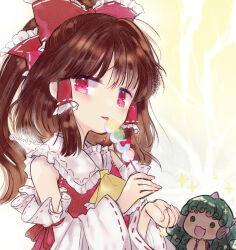 Rule 34 | 2girls, ascot, bare shoulders, biyon, blush, bow, brown hair, closed mouth, commentary request, curly hair, detached sleeves, fang, food, green eyes, green hair, hair bow, hair tubes, hakurei reimu, holding, holding food, horns, japanese clothes, komano aunn, long hair, multiple girls, nontraditional miko, open mouth, red bow, red eyes, ribbon-trimmed sleeves, ribbon trim, sidelocks, single horn, smile, tongue, tongue out, touhou, twitter username, white sleeves, wide sleeves, yellow ascot