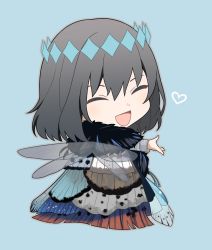 Rule 34 | 1boy, ^ ^, alternate hair color, arthropod boy, black hair, blue background, blush, chibi, cloak, closed eyes, commentary request, crown, diamond hairband, fate/grand order, fate (series), full body, fur collar, fur trim, heart, highres, insect wings, long sleeves, looking back, male focus, medium hair, oberon (fate), oberon (third ascension) (fate), official alternate costume, open mouth, oyasumi dm, shirt, simple background, smile, solo, spoilers, white shirt, wings