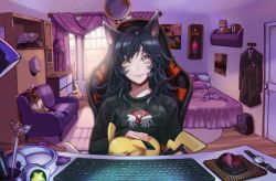 Rule 34 | 1girl, absurdres, ahri (league of legends), alternate costume, animal ears, backpack, bag, bed, black hair, black sweater, breasts, brown eyes, brown jacket, chair, unworn clothes, couch, creatures (company), crown, day, desk, dress, espeon, fox ears, game freak, gen 1 pokemon, gen 2 pokemon, guitar, headphones, highres, indoors, instrument, jacket, keyboard (computer), lamp, league of legends, long hair, mouse (computer), nintendo, on lap, pikachu, pillow, pokemon, pokemon (creature), poro (league of legends), poster (object), shinaa (maddynshinaa), sitting, slit pupils, smile, staff, stuffed toy, sweater, vastaya, window