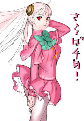 Rule 34 | 1girl, alternate color, arm at side, arm behind head, arm up, capcom fighting jam, clothes lift, commentary request, green ribbon, hairpods, highres, ingrid (capcom), pantyhose, red eyes, ribbon, skirt, skirt lift, solo, tetsu (kimuchi), white hair, white pantyhose, wind, wind lift