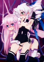 Rule 34 | 2girls, absurdres, armpits, black sister, blue eyes, blush, bound, breasts, drill hair, elbow gloves, female focus, gloves, green eyes, hair ornament, highres, long hair, looking at another, mizunashi (second run), multiple girls, nepgear, neptune (series), nipples, open mouth, purple hair, purple sister, pussy juice, restrained, symbol-shaped pupils, tentacles, twin drills, uni (neptunia), very long hair, white hair, yuri