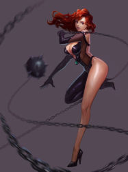Rule 34 | 1girl, absurdres, artist request, ball and chain (weapon), bodysuit, breasts, brown hair, chain, cleavage, elbow gloves, flail, full body, gloves, hades (herowarz), herowarz, high heels, highres, jewelry, legs, long hair, looking at viewer, purple eyes, solo, spiked ball and chain, thighs, weapon