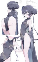 1girl absurdres ass bare_shoulders bent_over black_dress black_hair blue_archive blush braid braided_bun breasts butterfly_hair_ornament china_dress chinese_clothes covered_navel double_bun dragon_print dress ear_blush grey_eyes grey_halo grey_jacket groping hair_bun hair_ornament halo heavy_breathing highres jacket kisaki_(blue_archive) long_hair looking_at_viewer looking_to_the_side meunhongcha multiple_views open_clothes open_jacket parted_lips pelvic_curtain pinstripe_jacket pinstripe_pattern print_dress simple_background sleeveless sleeveless_dress small_breasts steam striped_clothes striped_jacket sweat thighs twintails two-sided_fabric vertical-striped_clothes vertical-striped_jacket white_background