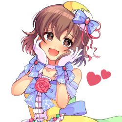 Rule 34 | :3, bare shoulders, beret, blue bow, blush, bow, breasts, brown eyes, brown hair, collarbone, commentary request, dress, gloves, hair between eyes, hair bow, hands on own cheeks, hands on own face, hat, hay, heart, idolmaster, idolmaster cinderella girls, idolmaster cinderella girls starlight stage, kita hinako, looking at viewer, medium breasts, medium hair, multicolored clothes, multicolored dress, pmoufu, ribbon, smile, solo, sparkling eyes, star (symbol), star print, upper body, white background, white gloves