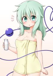 Rule 34 | 1girl, bare arms, bare shoulders, beige background, blush, bottle, breasts, cleavage, collarbone, commentary request, cowboy shot, gradient background, green eyes, green hair, hair between eyes, heart, heart of string, highres, holding, holding bottle, koishi day, komeiji koishi, long hair, looking at viewer, medium breasts, naked towel, no headwear, parted lips, solo, standing, suwa yasai, sweat, third eye, tokkuri, touhou, towel, white background