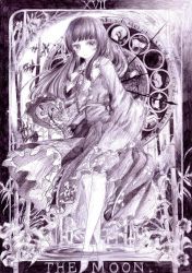Rule 34 | 1girl, bamboo, bare legs, barefoot, bow, branch, clock, clothes lift, commentary request, darkkanan, full body, full moon, graphite (medium), highres, holding, houraisan kaguya, japanese clothes, jeweled branch of hourai, kimono, long hair, looking at viewer, moon, partially submerged, roman numeral, sketch, skirt, skirt lift, soaking feet, standing, standing on liquid, tarot, the moon (tarot), touhou, traditional media, wading, water, zodiac