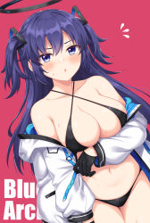 Rule 34 | 1girl, bad id, bad twitter id, bare shoulders, bikini, black bikini, black gloves, blue archive, blue eyes, blue hair, blush, breasts, cleavage, collarbone, copyright name, gloves, hair ornament, halo, highres, horosuke, jacket, large breasts, long hair, long sleeves, looking at viewer, navel, off shoulder, open clothes, open jacket, open mouth, pink background, sidelocks, solo, sweat, swimsuit, two side up, white jacket, yuuka (blue archive)