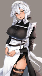 Rule 34 | 1girl, absurdres, alternate costume, alternate hairstyle, apron, arm belt, belt, black belt, black bow, black dress, black nails, black thighhighs, bow, bra visible through clothes, breasts, chest harness, collared dress, dark-skinned female, dark skin, dress, enmaided, fishnet thighhighs, fishnets, glasses, grey hair, hair between eyes, hair bow, harness, hashtag-only commentary, head tilt, highres, kantai collection, large breasts, long hair, looking at viewer, low ponytail, maid, maid apron, maid headdress, musashi (kancolle), open mouth, red eyes, side slit, simple background, smile, solo, thigh belt, thigh strap, thighhighs, white wrist cuffs, wrist cuffs, yunamaro