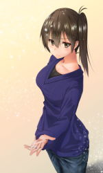 Rule 34 | 1girl, absurdres, batacchi (mashimashi butter), blush, denim, highres, jeans, jewelry, kaga (kancolle), kantai collection, looking at viewer, pants, ribbed sweater, ring, side ponytail, solo, sweater, wedding band