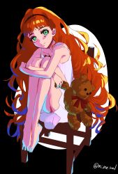 Rule 34 | 1girl, barefoot, black background, black hairband, dress, frill (wonder egg priority), green eyes, hairband, highres, holding, holding stuffed toy, knees up, long hair, mi (user cfhn8773), red hair, sitting, sketch, smile, solo, stuffed animal, stuffed toy, teddy bear, very long hair, white dress, wonder egg priority